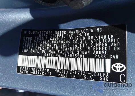 2020 Toyota Corolla Le from USA, damaged, VIN 5YFEPRAE1LP055504